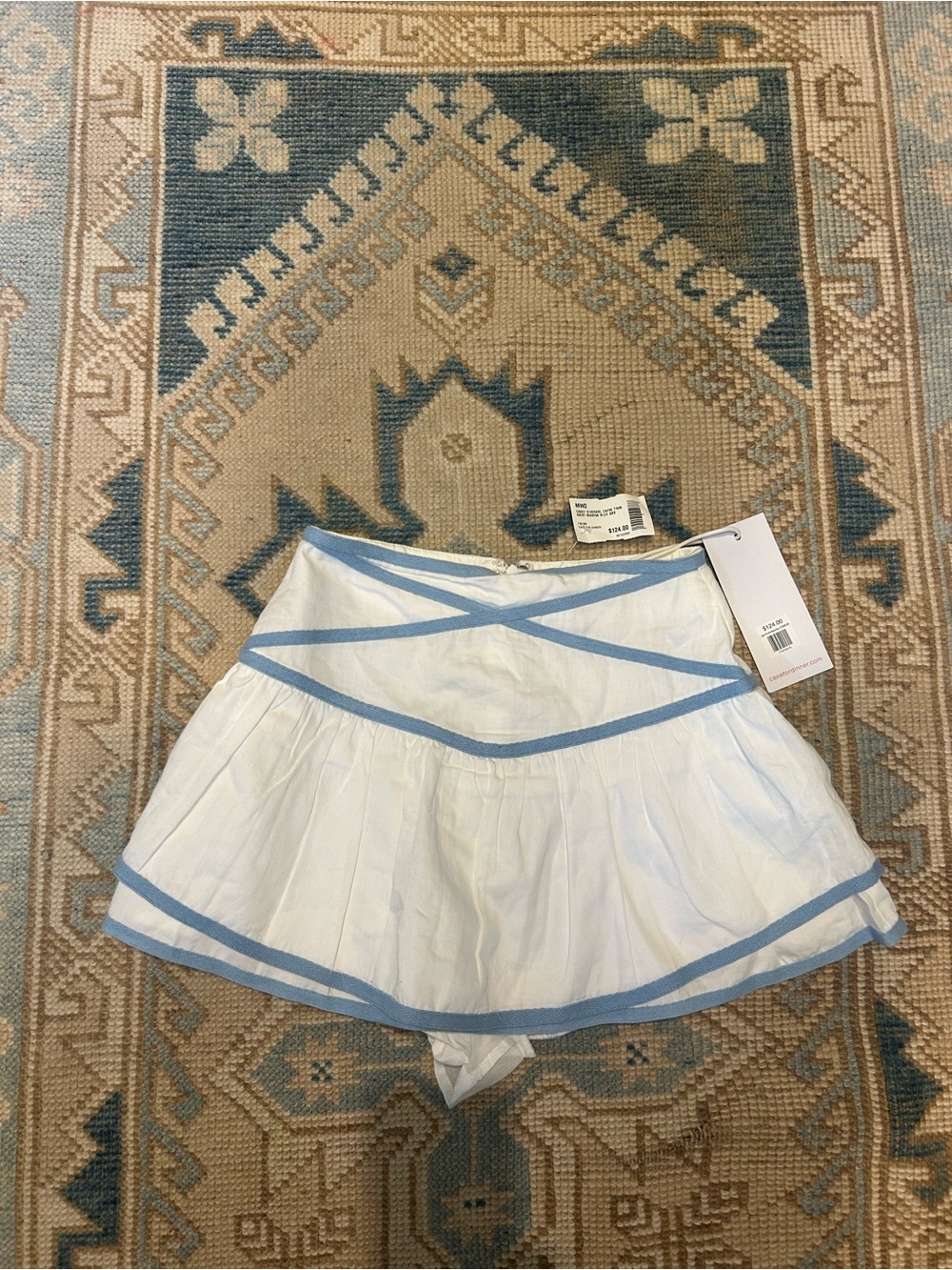 Women's White Mini Skirt with Light Blue Trim - Casual Flared Skirt